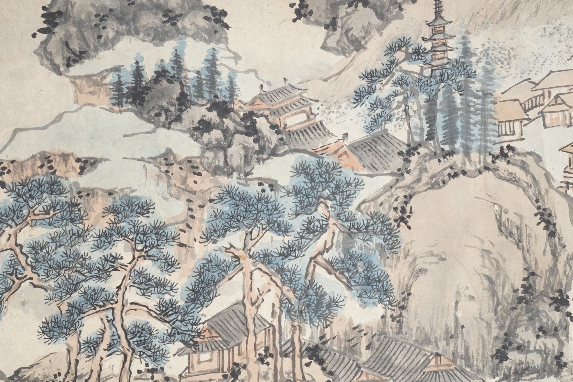 Chinese School , (Qing dynasty), Figures in a mountainous river landscape, Ink and colour on paper handscroll, 268.5cm x 29cm excluding borders